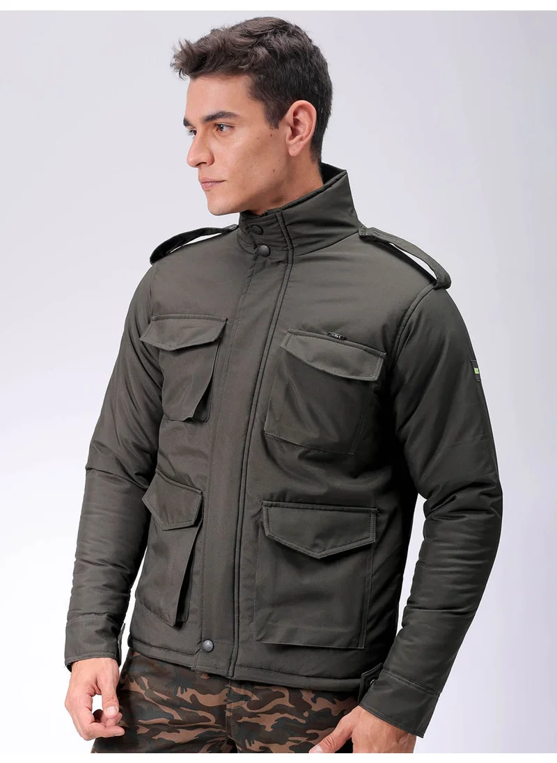 The Indian Garage Co Mens Olive Slim Fit Utility Hooded Zipper Placket Flap Pocket Winter Jacket