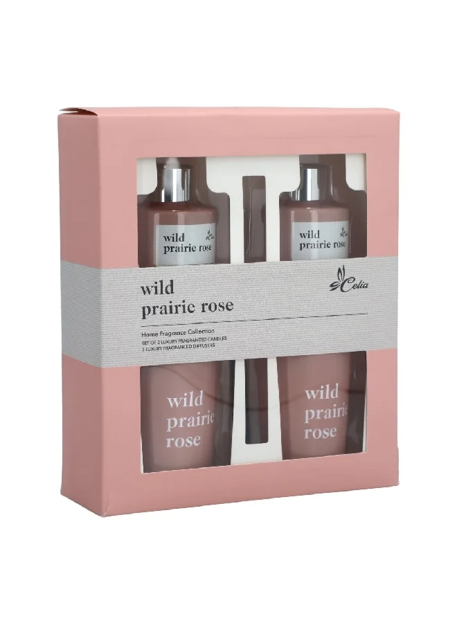 Celia 4-Piece Wild Prairie Rose Candle and Diffuser Set Rose 100 ml