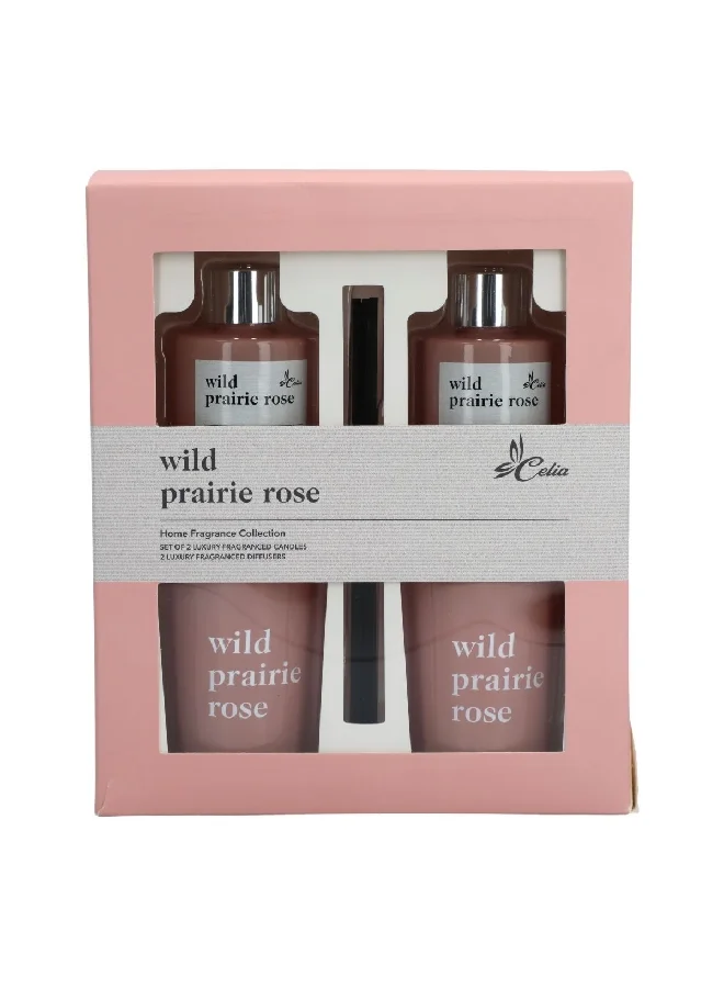 Celia 4-Piece Wild Prairie Rose Candle and Diffuser Set Rose 100 ml