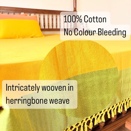 RANGBHAR Handloom Premium Bedsheet King Size | 100% Cotton Bed Sheet with 2 Pillow Covers | Hand Woven, Striped Bed Cover | 250 GSM Premium Heavy Bedspread | King Size 100 x 98 inch | Yellow - Image 5