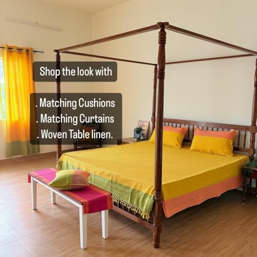 RANGBHAR Handloom Premium Bedsheet King Size | 100% Cotton Bed Sheet with 2 Pillow Covers | Hand Woven, Striped Bed Cover | 250 GSM Premium Heavy Bedspread | King Size 100 x 98 inch | Yellow - Image 3
