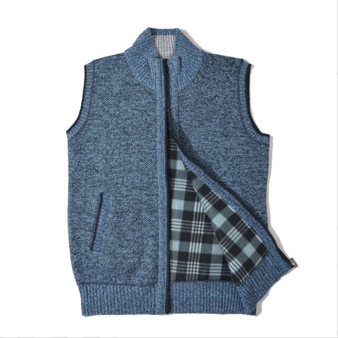 Wholesale foreign trade mens plus size cardigan vest collar fleece-lined sweater middle-aged knitted zipper padded vest mens clothing Coffee - Image 2