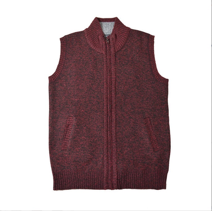 Wholesale foreign trade mens plus size cardigan vest collar fleece-lined sweater middle-aged knitted zipper padded vest mens clothing Coffee - Image 5