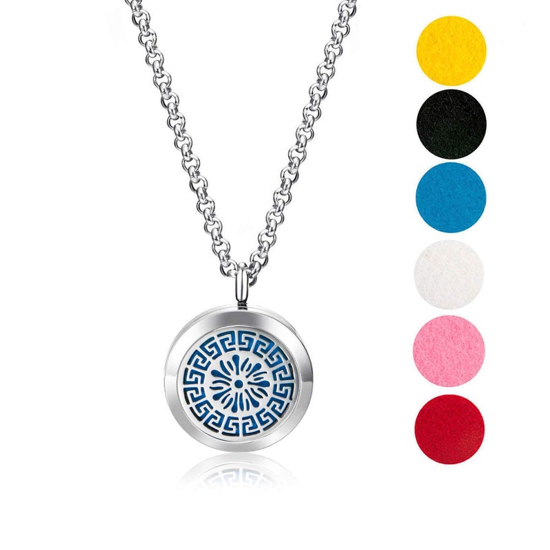 mEssentials Wild Essentials Greek Key Essential Oil Diffuser Necklace, Stainless Steel Locket Pendant with 24 inch Chain, 12 Color Refill Pads, Customizable Color Changing Perfume Jewelry for Aromatherapy 
