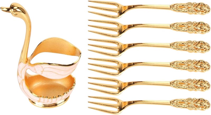 6Pcs Dessert Fork Set with Swan Base Holder, Metal Gold Forks, White and Gold Organizer - Elegant Tableware, Durable Metal Design, Ideal for Coffee and Fruit - Image 1