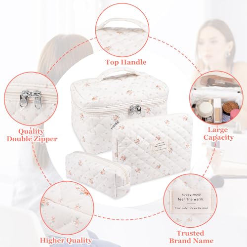 Gosect طقم حقيبة مكياج، حقيبة مكياج مبطنة، حقيبة تجميل كبيرة مزخرفة بالزهور للنساء، حقائب مكياج قطنية لطيفة، حقيبة تنظيم مستلزمات السفر (نمط مربعات الورد) - Image 3