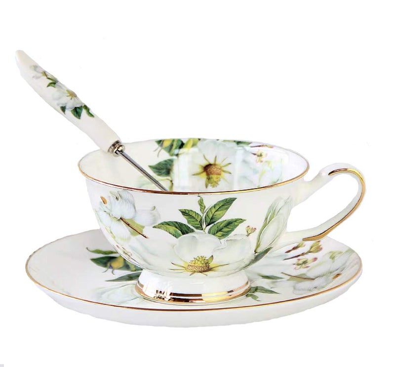 Gift Set Vintage Fine Bone China Tea Cup Spoon and Saucer Set Gold Trim Fine Dining and Table Dcor White Camellia