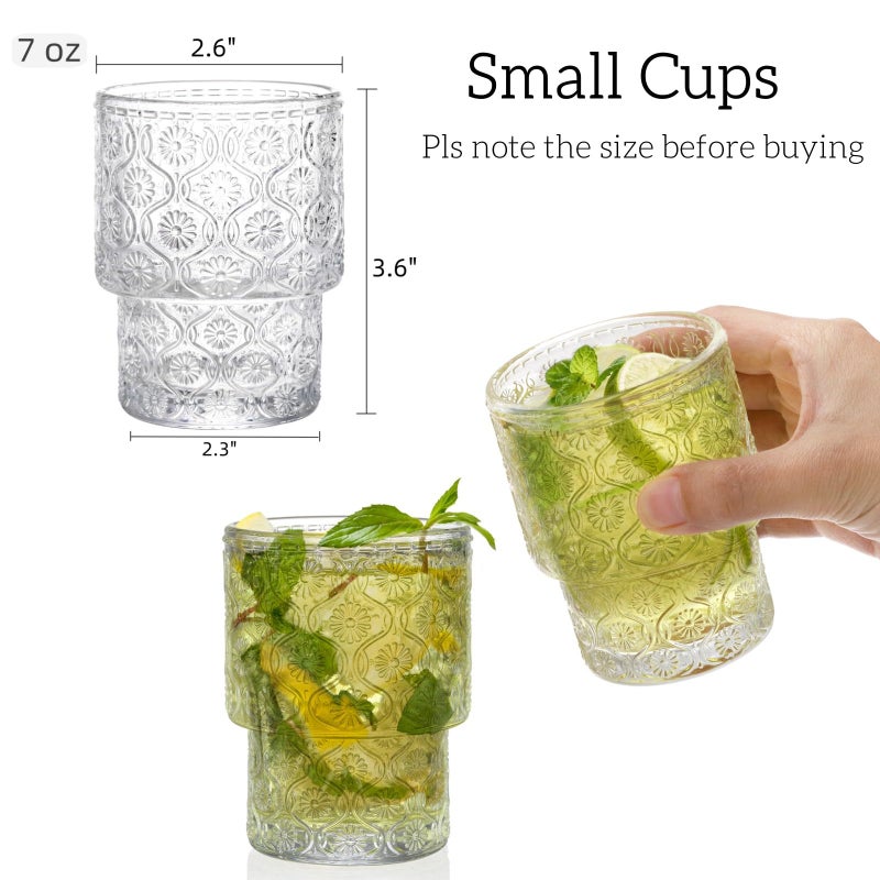 AVLA 8 Pack Vintage Drinking Glassware, 7 oz Romantic Water Juice Glass Tumbler Cup, Clear Stackable Coffee Cocktail Bar Drinkware for Beverages, Tea, Milk, Yogurt, Whiskey, Embossed Floral Pattern - Image 2