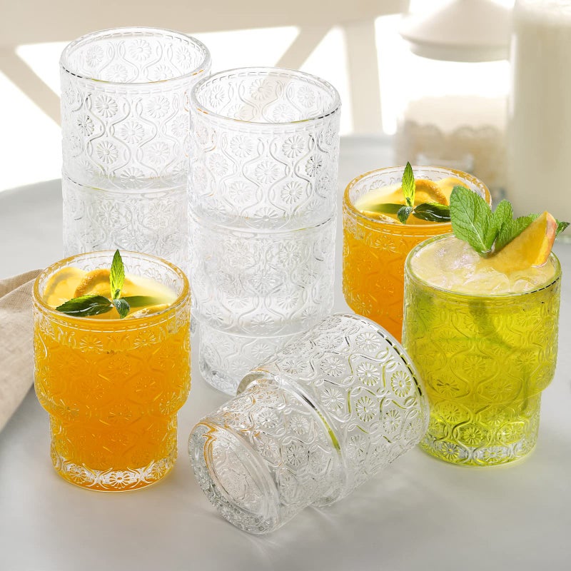 AVLA 8 Pack Vintage Drinking Glassware, 7 oz Romantic Water Juice Glass Tumbler Cup, Clear Stackable Coffee Cocktail Bar Drinkware for Beverages, Tea, Milk, Yogurt, Whiskey, Embossed Floral Pattern - Image 4