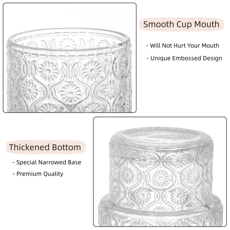 AVLA 8 Pack Vintage Drinking Glassware, 7 oz Romantic Water Juice Glass Tumbler Cup, Clear Stackable Coffee Cocktail Bar Drinkware for Beverages, Tea, Milk, Yogurt, Whiskey, Embossed Floral Pattern - Image 3