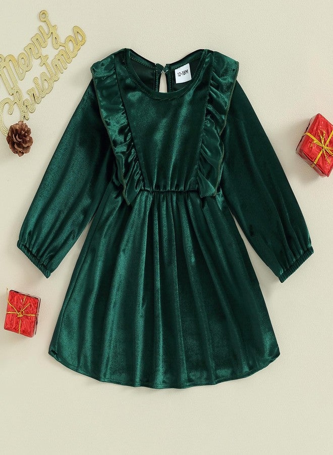 Karuedoo Toddler Baby Girl Velvet Ruffle Long Sleeve Dress Christmas Birthday Party Wedding Dresses Fall Winter Clothes (A-Green, 9-12 Months) - Image 2