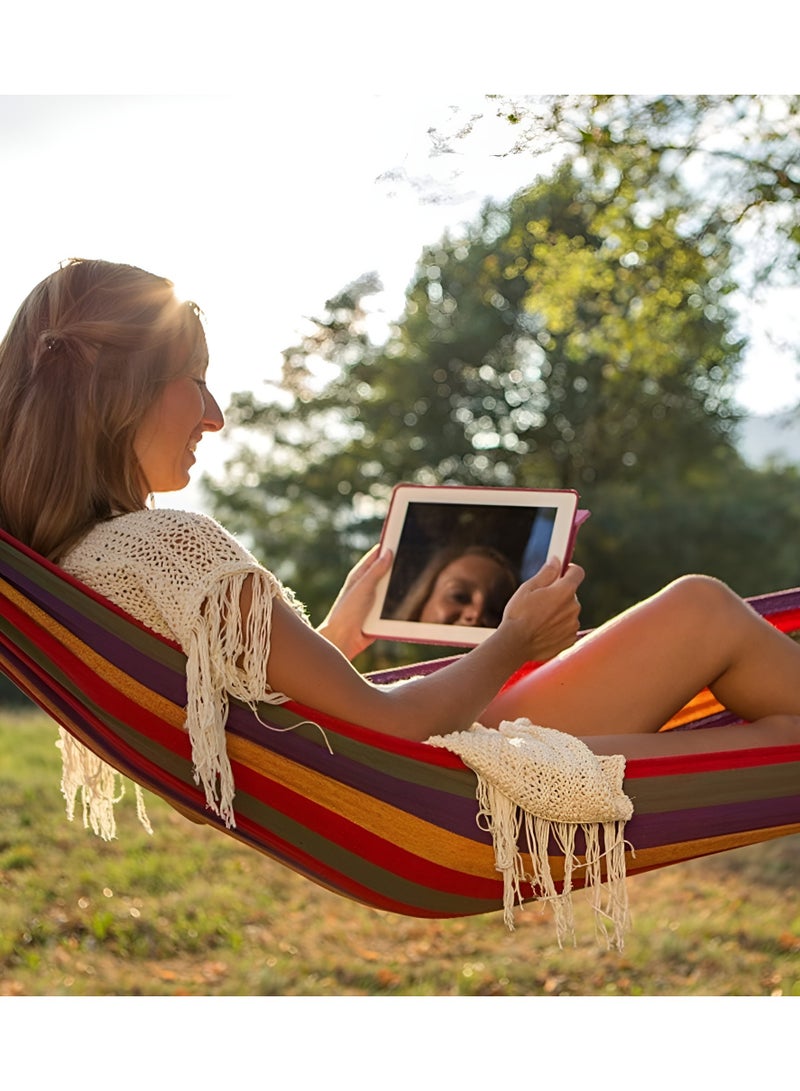 بلان A أرجوحة قماشية مزدوجة محمولة 185×80 سم، أرجوحة تخييم قطنية قابلة للطي مع عقدة معدنية وحقيبة حمل، تتحمل حتى 450 باوند، مناسبة للحديقة والفناء الخلفي والشاطئ والسفر والاسترخاء - Image 3