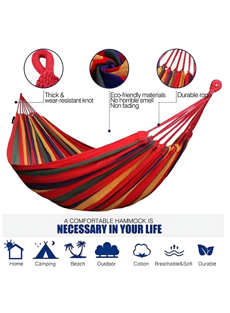 بلان A أرجوحة قماشية مزدوجة محمولة 185×80 سم، أرجوحة تخييم قطنية قابلة للطي مع عقدة معدنية وحقيبة حمل، تتحمل حتى 450 باوند، مناسبة للحديقة والفناء الخلفي والشاطئ والسفر والاسترخاء - Image 4
