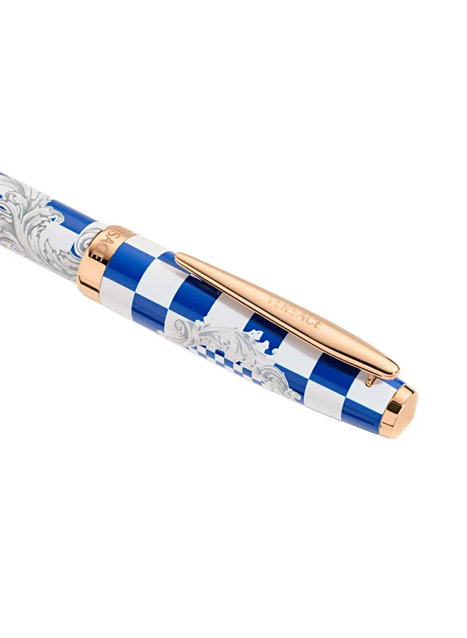 فيرزاتشي Checkerboard Rose Gold Clip & Ring Men's Roller Pen with Barocco Pattern, Blue Ink