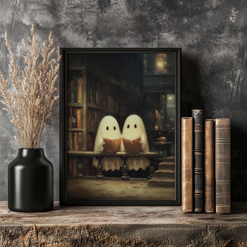TNESSENTIAL Cute Ghost Library Wall Art – ‘Library Reading’, Spooky Gothic Autumn Print, Vintage Spooky Decor, Bookish Gift, Reading Nook Art - Image 1