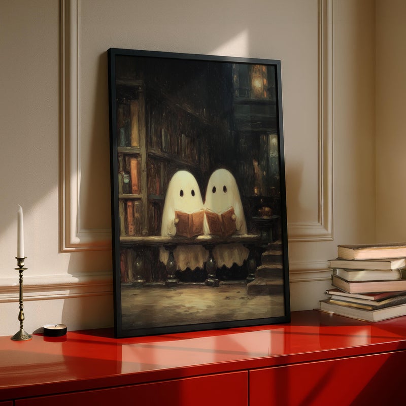 TNESSENTIAL Cute Ghost Library Wall Art – ‘Library Reading’, Spooky Gothic Autumn Print, Vintage Spooky Decor, Bookish Gift, Reading Nook Art - Image 5