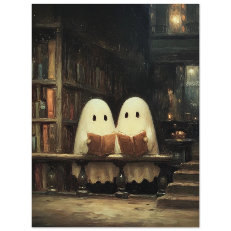 TNESSENTIAL Cute Ghost Library Wall Art – ‘Library Reading’, Spooky Gothic Autumn Print, Vintage Spooky Decor, Bookish Gift, Reading Nook Art - Image 2