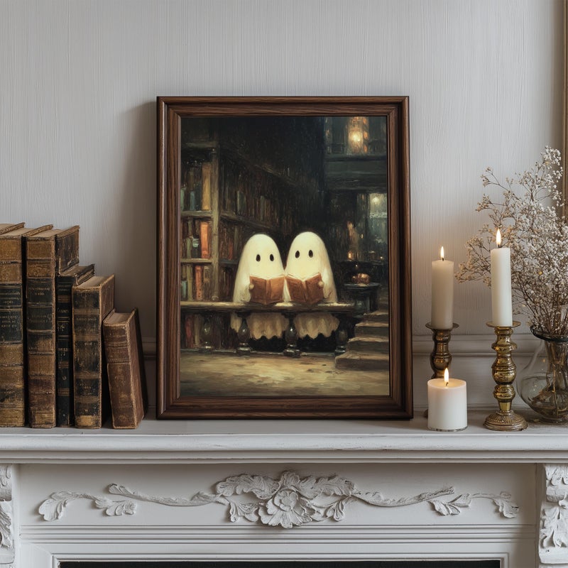 TNESSENTIAL Cute Ghost Library Wall Art – ‘Library Reading’, Spooky Gothic Autumn Print, Vintage Spooky Decor, Bookish Gift, Reading Nook Art - Image 3