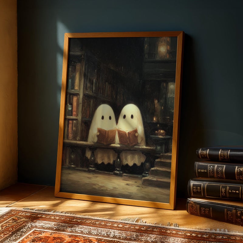 TNESSENTIAL Cute Ghost Library Wall Art – ‘Library Reading’, Spooky Gothic Autumn Print, Vintage Spooky Decor, Bookish Gift, Reading Nook Art - Image 4