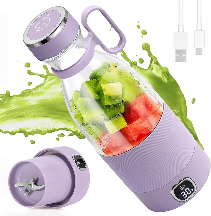 MIAOKE Portable Blender, 6 Blades Juicer Cup for Juice Shakes and Smoothies 350ml Mini Blender with Led Display Usb Rechargeable,3000Mah Rechargeable Battery, for Home Sports Outdoors Travel-Prple - Image 1
