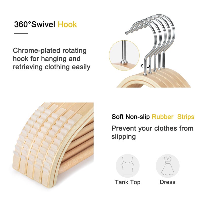 TOPIA HANGER Sleek Wooden Hangers with Non-Slip Rubber Grips, Sweater Hangers No Shoulder Bump, Lightweight Clothes Hangers 20-Pack, 360Â° Swivel Hook and Pants Bar-CT63N20 - Image 3