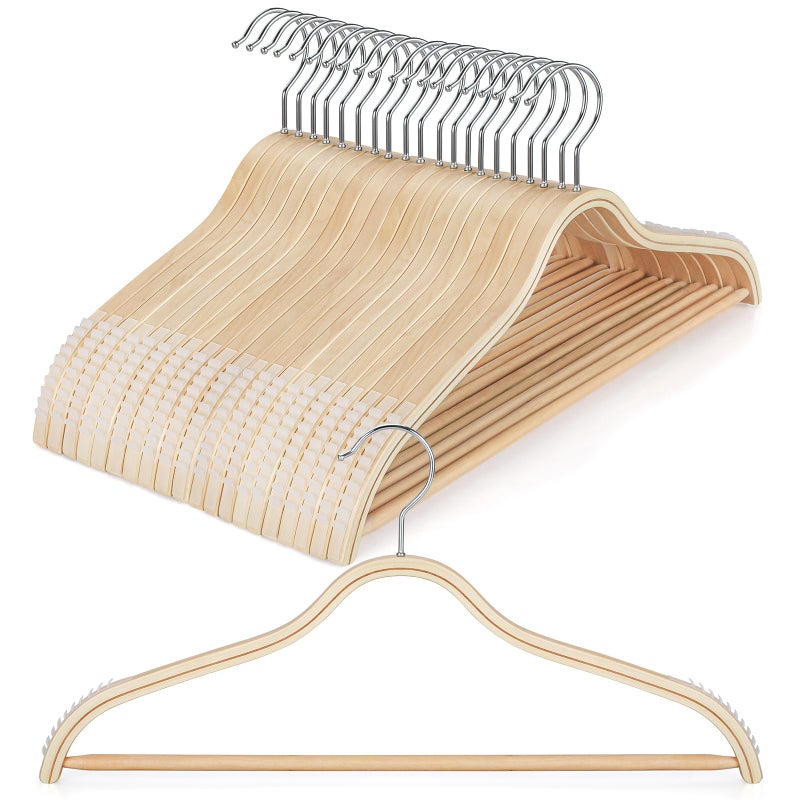 TOPIA HANGER Sleek Wooden Hangers with Non-Slip Rubber Grips, Sweater Hangers No Shoulder Bump, Lightweight Clothes Hangers 20-Pack, 360Â° Swivel Hook and Pants Bar-CT63N20 - Image 1
