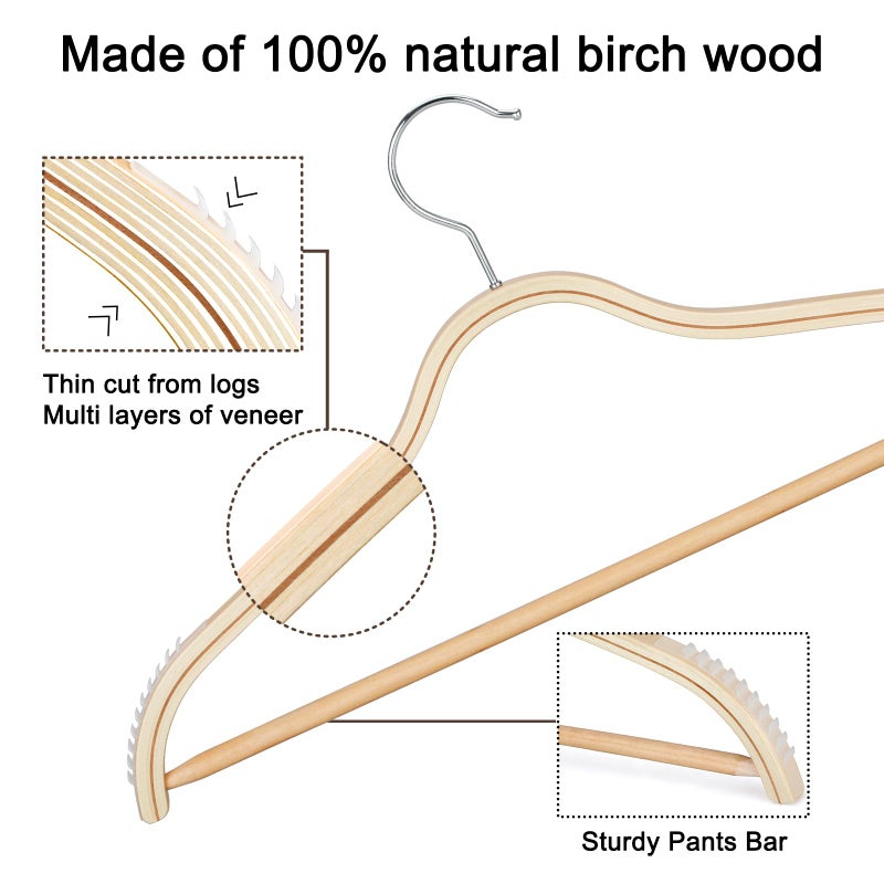 TOPIA HANGER Sleek Wooden Hangers with Non-Slip Rubber Grips, Sweater Hangers No Shoulder Bump, Lightweight Clothes Hangers 20-Pack, 360Â° Swivel Hook and Pants Bar-CT63N20 - Image 4