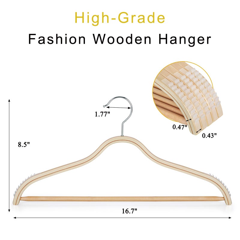 TOPIA HANGER Sleek Wooden Hangers with Non-Slip Rubber Grips, Sweater Hangers No Shoulder Bump, Lightweight Clothes Hangers 20-Pack, 360Â° Swivel Hook and Pants Bar-CT63N20 - Image 2
