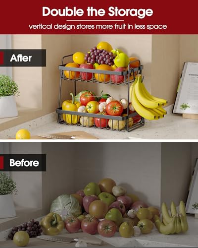 Sakugi Fruit Basket for Kitchen Counter 2Tier Fruit Bowl with Removable Banana Hanger Handles Rustproof Fruit Holder for Kitchen Living Room Bathroom 13487117 Black - Image 3
