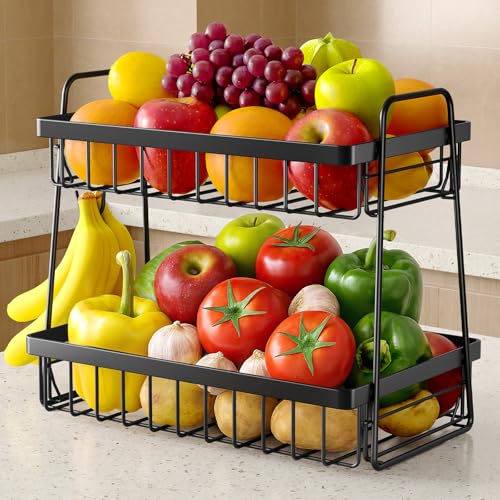 Sakugi Fruit Basket for Kitchen Counter 2Tier Fruit Bowl with Removable Banana Hanger Handles Rustproof Fruit Holder for Kitchen Living Room Bathroom 13487117 Black - Image 1