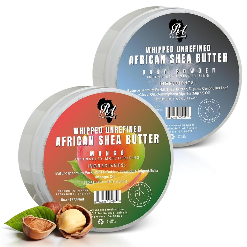 RA Cosmetics Whipped Shea Butter Bundle Pack  Baby Powder  Mango 6oz Jar each  100 Pure African Shea for Men  Women  Natural Moisturizer with Essential Vitamins for Radiant Skin  Luscious Hair