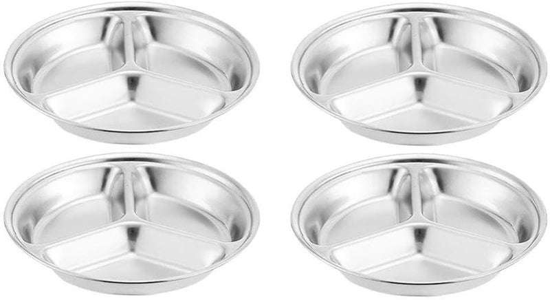 Hemoton 4 Pcs Stainless Steel Round Divided Seasoning Plates 3 Compartment Dipping Bowls for Soy Sauce Ketchup Bbq Sauce Condiment Tray for Kitchen Use - Image 1