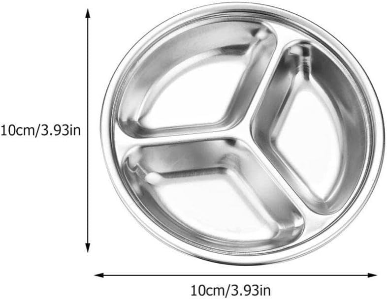 Hemoton 4 Pcs Stainless Steel Round Divided Seasoning Plates 3 Compartment Dipping Bowls for Soy Sauce Ketchup Bbq Sauce Condiment Tray for Kitchen Use - Image 2