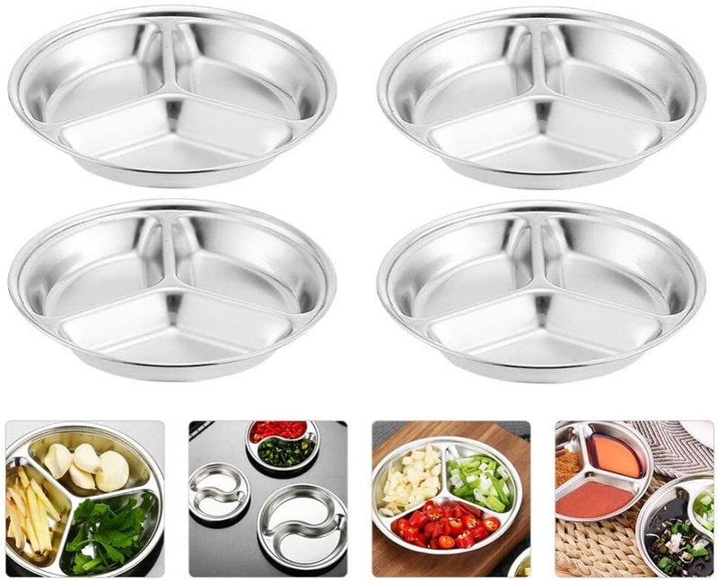 Hemoton 4 Pcs Stainless Steel Round Divided Seasoning Plates 3 Compartment Dipping Bowls for Soy Sauce Ketchup Bbq Sauce Condiment Tray for Kitchen Use - Image 3