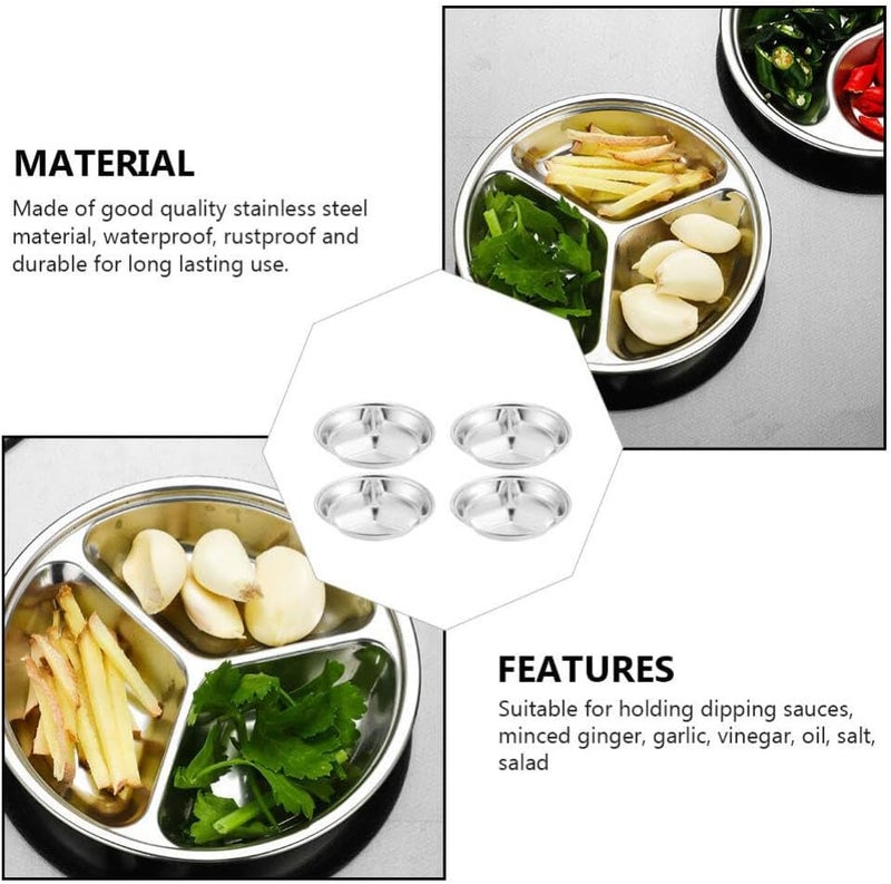 Hemoton 4 Pcs Stainless Steel Round Divided Seasoning Plates 3 Compartment Dipping Bowls for Soy Sauce Ketchup Bbq Sauce Condiment Tray for Kitchen Use - Image 5