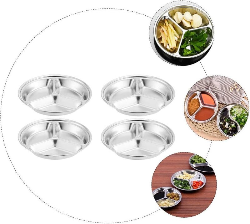 Hemoton 4 Pcs Stainless Steel Round Divided Seasoning Plates 3 Compartment Dipping Bowls for Soy Sauce Ketchup Bbq Sauce Condiment Tray for Kitchen Use - Image 4