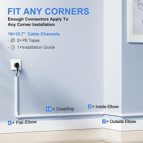 Yecaye 250in Cord Hider, One-Line Cable Hider, Yecaye Small Cord Covers for Wires on Wall System, Cable Raceway Kit for Max 2 Cords, Wire Hiders for Tv on Wall, Wire Hider, 16XL15.7in W0.59in H0.4in, White - Image 2
