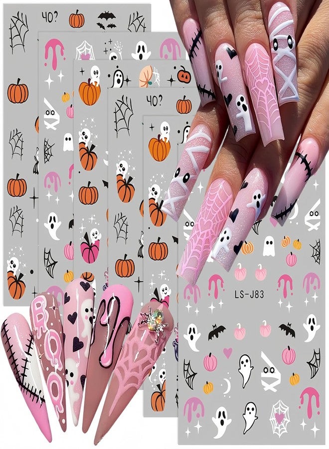 BYJKYEN Halloween Nail Art Stickers Ghost Nail Decals 3D Horror Ghost Skull Spider Web Bat Pumpkin Self-Adhesive Decals Designs Halloween Nail Supplies for Women Manicure Holiday Decorations Charms 6 Sheets - Image 1