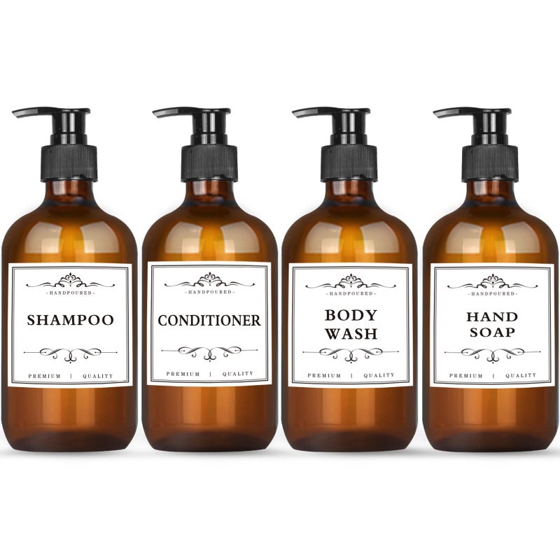 DNSEN 4 Pack 169 Oz Shampoo and Conditioner Hand Soap Dispenser Refillable Pump Bottles with Waterproof Labels Amber 