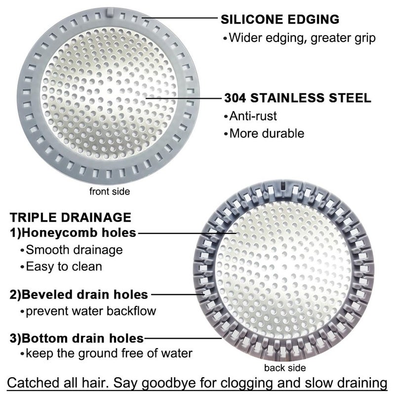 Seatery 2PCS Shower Drain Hair Catcher, Shower Drain Strainer, Stainless Steel with Silicone Edging, 4.75 Inch Diameter - Image 3