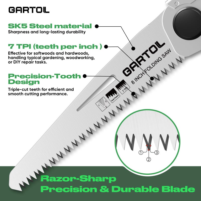 GARTOL 8-Inch Folding Saw with Sharp SK5 Blade, Ergonomic Grip, Portable Hand Pruning Saw for Wood Cutting, Pruning, Camping, and DIY Tasks, Cuts Branches Up to 6 Inches - Image 2
