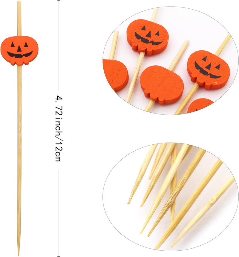 BLUETOP 200PCS 4.7 Inch Halloween Pumpkins Bamboo Cocktail Picks Bamboo Toothpicks Fruit Picks for Home Party Appetizers Cocktail Decorations Charcuterie Board - Image 2