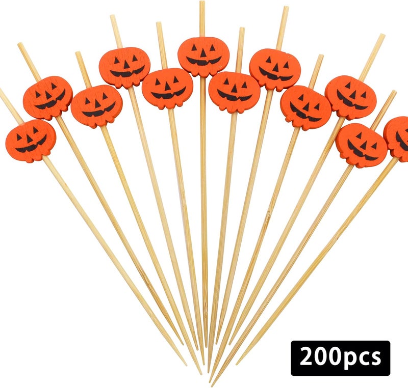 BLUETOP 200PCS 4.7 Inch Halloween Pumpkins Bamboo Cocktail Picks Bamboo Toothpicks Fruit Picks for Home Party Appetizers Cocktail Decorations Charcuterie Board - Image 3