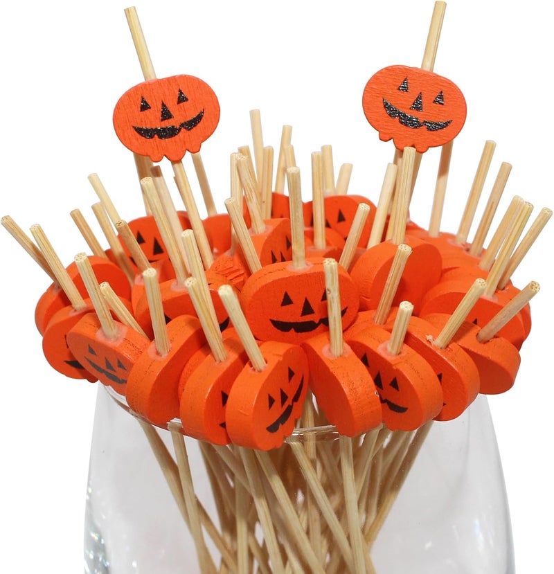 BLUETOP 200PCS 4.7 Inch Halloween Pumpkins Bamboo Cocktail Picks Bamboo Toothpicks Fruit Picks for Home Party Appetizers Cocktail Decorations Charcuterie Board - Image 4