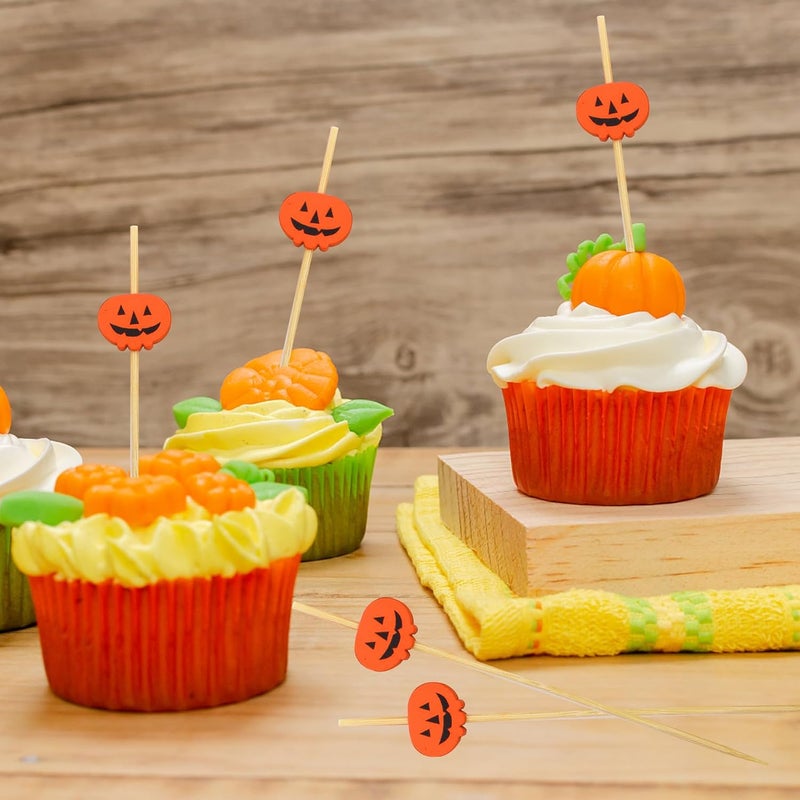 BLUETOP 200PCS 4.7 Inch Halloween Pumpkins Bamboo Cocktail Picks Bamboo Toothpicks Fruit Picks for Home Party Appetizers Cocktail Decorations Charcuterie Board - Image 5