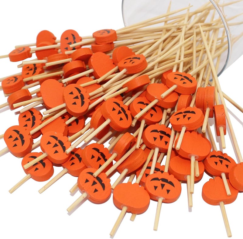 BLUETOP 200PCS 4.7 Inch Halloween Pumpkins Bamboo Cocktail Picks Bamboo Toothpicks Fruit Picks for Home Party Appetizers Cocktail Decorations Charcuterie Board - Image 1