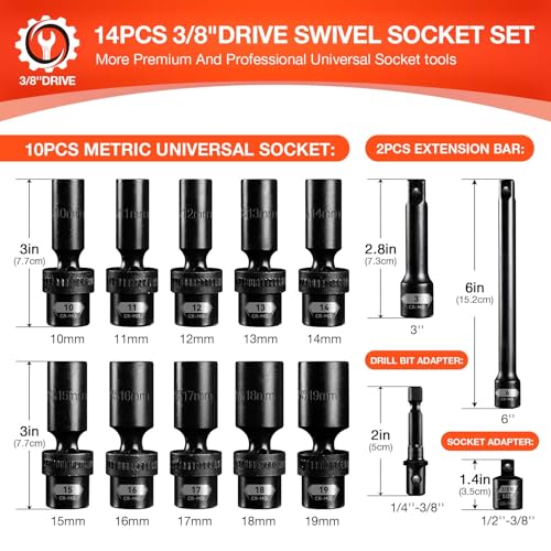 BLACKROBOT 3/8" Drive Swivel Socket Set, 14 Pieces Deep Universal Impact Socket Set, Metric(10-19mm) Flexible Wobble Socket Set, 6 Point, CR-MO, 3", 6" Extension Bars, Socket Adapter - Image 2