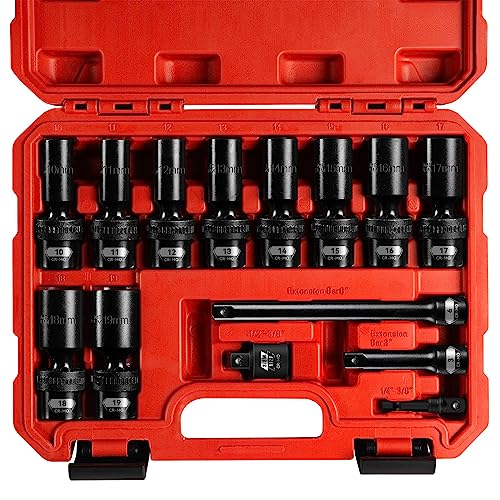 BLACKROBOT 3/8" Drive Swivel Socket Set, 14 Pieces Deep Universal Impact Socket Set, Metric(10-19mm) Flexible Wobble Socket Set, 6 Point, CR-MO, 3", 6" Extension Bars, Socket Adapter - Image 1