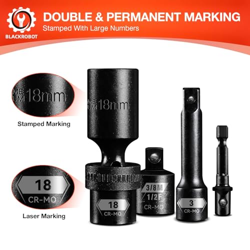 BLACKROBOT 3/8" Drive Swivel Socket Set, 14 Pieces Deep Universal Impact Socket Set, Metric(10-19mm) Flexible Wobble Socket Set, 6 Point, CR-MO, 3", 6" Extension Bars, Socket Adapter - Image 5