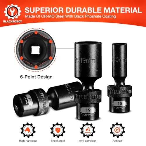 BLACKROBOT 3/8" Drive Swivel Socket Set, 14 Pieces Deep Universal Impact Socket Set, Metric(10-19mm) Flexible Wobble Socket Set, 6 Point, CR-MO, 3", 6" Extension Bars, Socket Adapter - Image 4